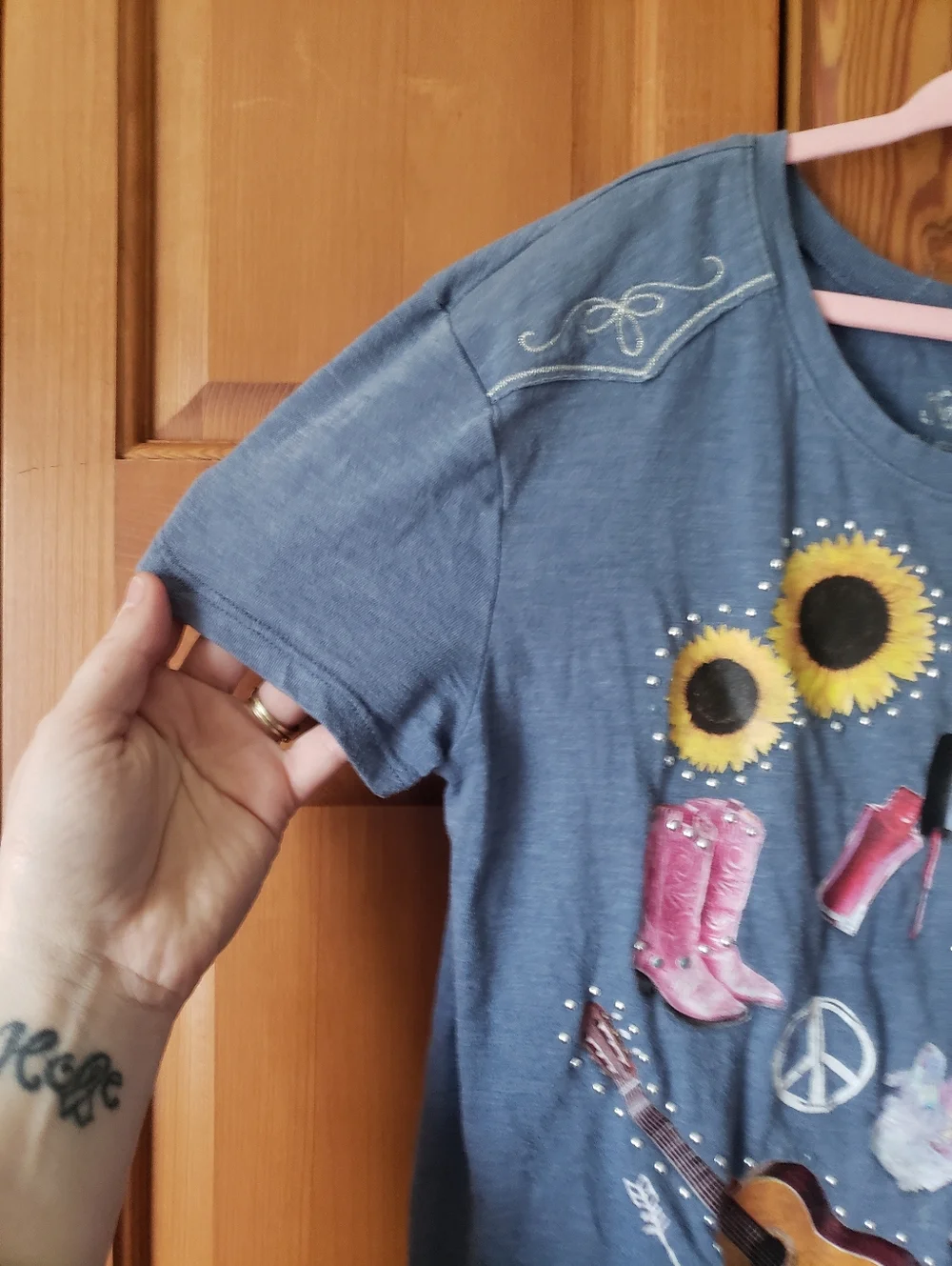 Justice Blue Graphic Tee with Sunflower, Guitar & Western Icons 12